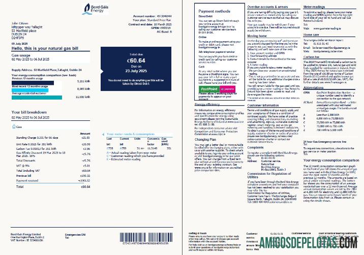 imprimível Modelo de conta de serviços públicos de energia Bord Gáis da Irlanda em formatos Word e PDF, 2 páginas, versão 2